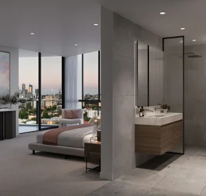 the adler auchenflower bathroom and bedroom side by side